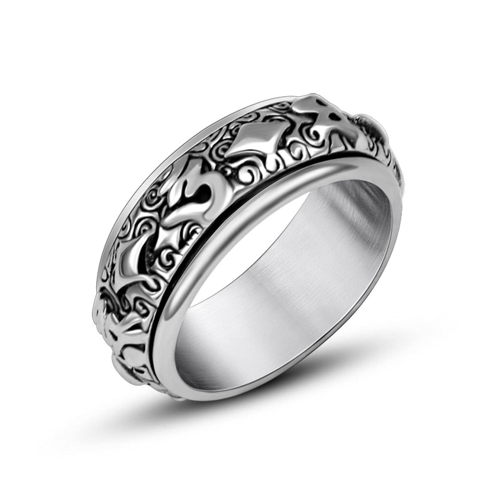 Hcma Men's Rotatable Tibet Om Mani Padme Hum Calvarium Punk Vintage Ring Gothic Stainless Steel Biker Rings Stress Reliever Jewelry