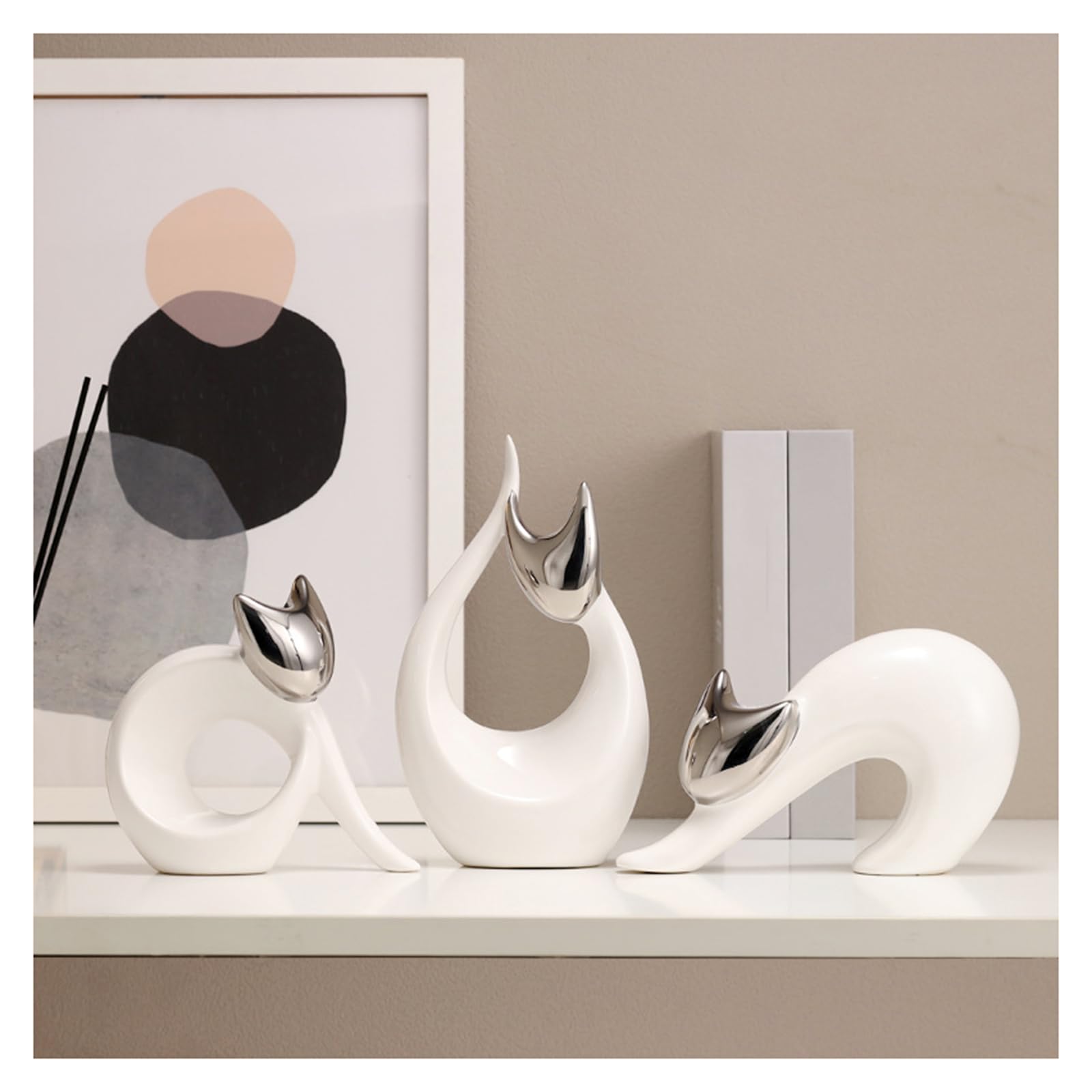 Tauzveok Modern Abstract Cat Deco Statue, Ceramic Lucky Cat, Silver & White