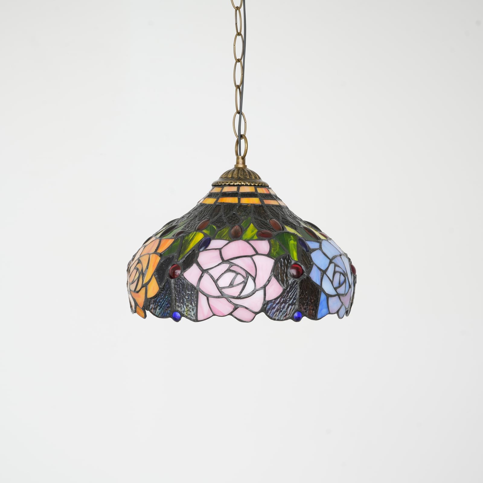 Tiffany Pendelleuchte Rose Blumen Buntglas Hängelampe 12 Zoll Antik Stil Plug in Licht für Haus Küche Insel Esszimmer Wohnzimmer Flur Theke Bar