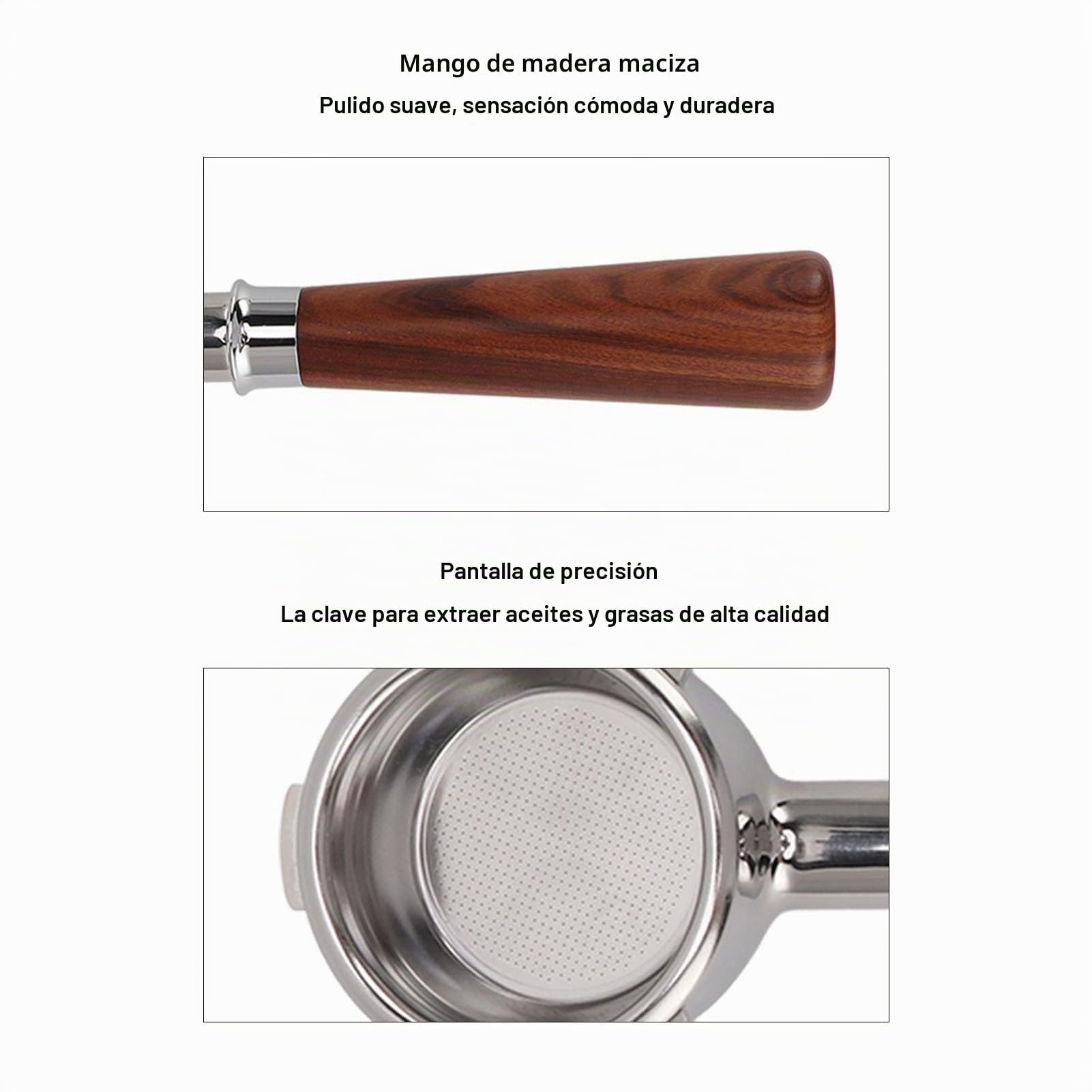 Pssopp Portafiltro sin Fondo de 58 mm, Diseño de 3 Orejas con Mango de Madera Maciza de Secoya para Máquinas de Café, Estilo A1