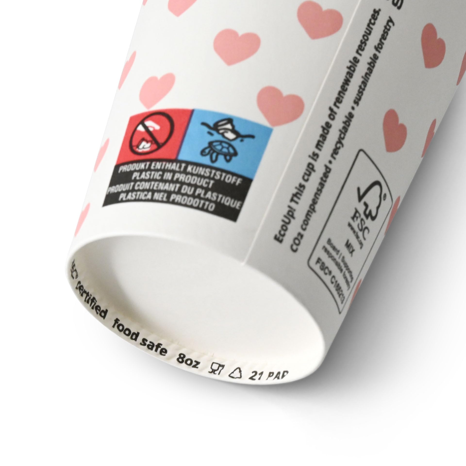 BIOZOYG vasos de cartón impresos Corazones 1000 unidades 200 ml / 8 oz, Ø 80 mm, blanco - vasos para café para llevar - cartón con recubrimiento PE - vasos para bebidas calientes y frías, desechables