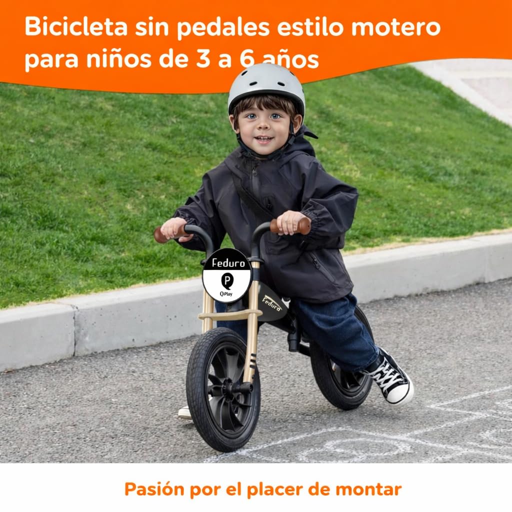 QPLAY Bicicleta sin Pedales Niño 3 Años Feduro Rojo, Bici Equilibrio Infantil 12 Pulgadas, Cuadro Estilo Moto, Ruedas de Aire, Asiento Ajustable, Juguetes Niños 2 y 3 Años