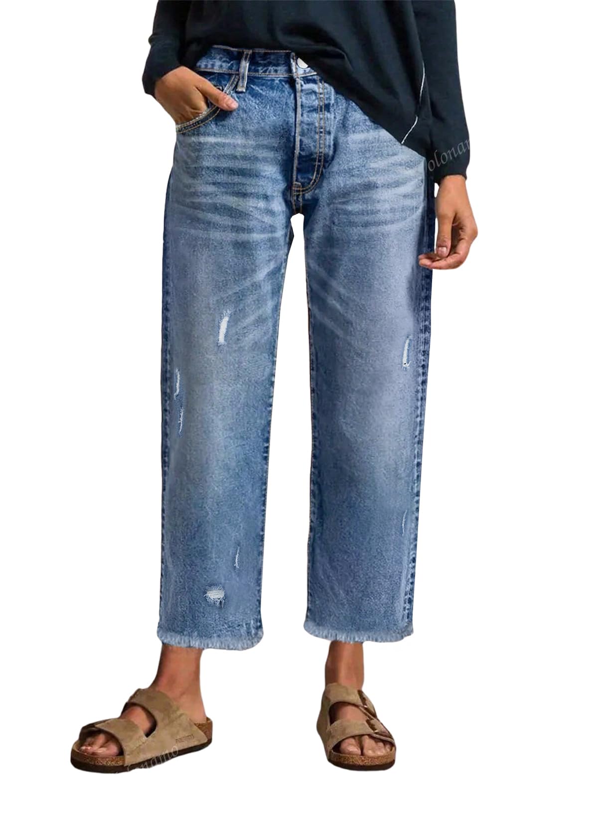 Jeans for Women Stretchy Distressed Washed Straight Leg Frayed Raw Hem Denim Ankle Pants with Pockets