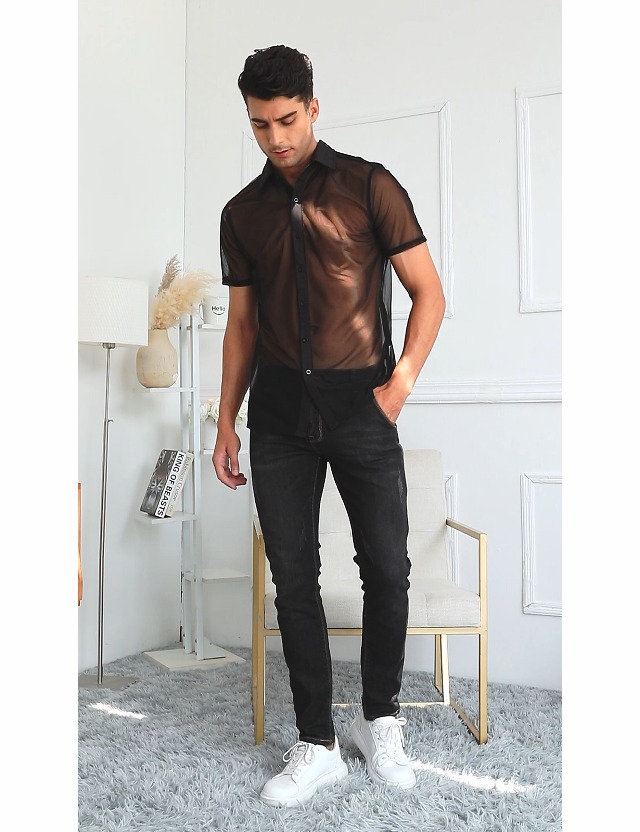 WDIRARA Men's Sheer Mesh Party Shirt - See Through Button Down Collar Short Sleeve Top For Night Out - View #11