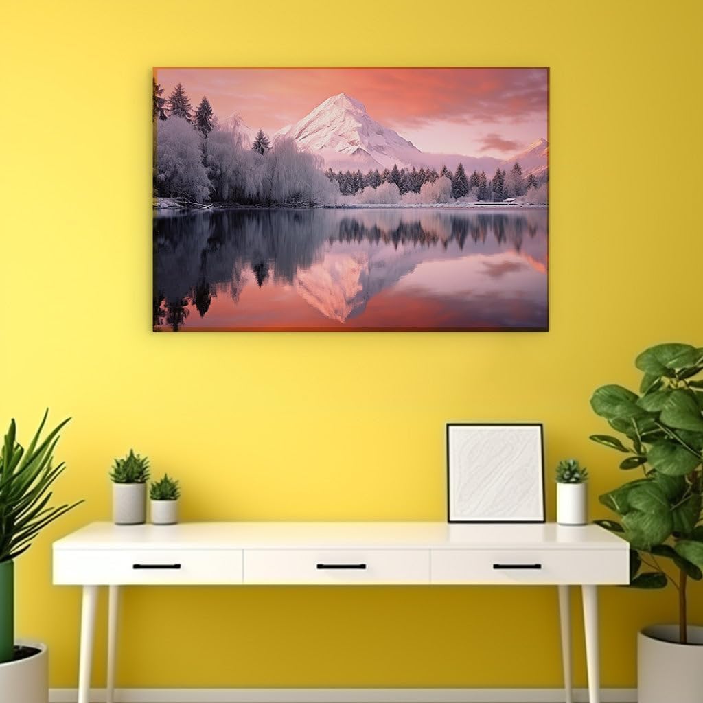 Canvas for Living room. Whispering Peaks: A Serene Winter's Reflection at Twilight's Embrace, 27 x 18 inch Canvas Wall Art - Surrealistic Visions - Modern Home Decor