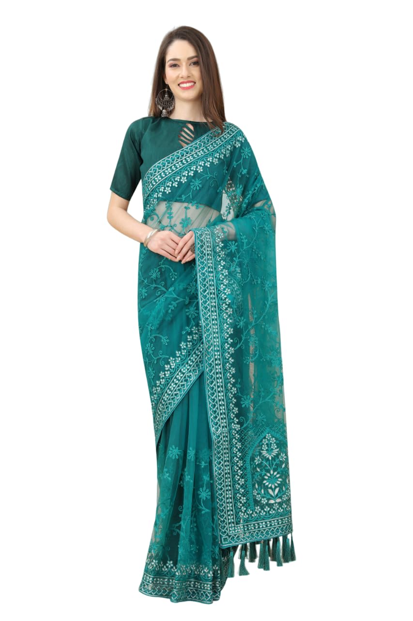 Celeb Styles Teal Colored Net Embroiderd Saree