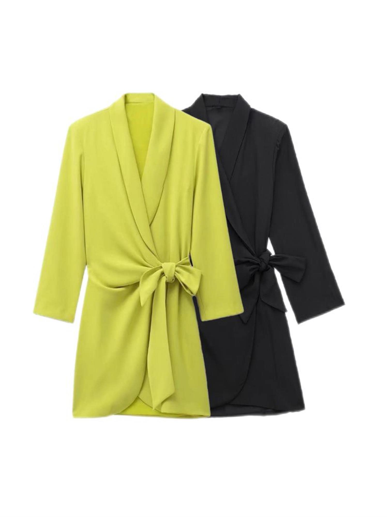 Moda donna con fiocco legato pieghettato Wrap Mini abito Vintage V collo manica lunga abiti femminili