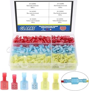 Glarks 300pcs 22-16 16-14 12-10 Gauge Nylon Fully Insulated Male/Female Spade Quick Splice Wire Disconnect Electrical Insulated Crimp Terminals Connectors Assortment Kit