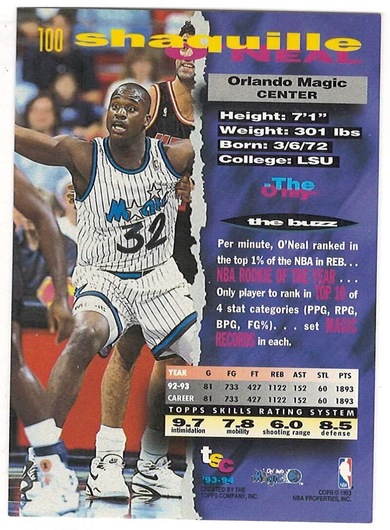 Amazon.com: 1993-94 Topps Stadium Club #100 Shaquille O'Neal NM-MT
