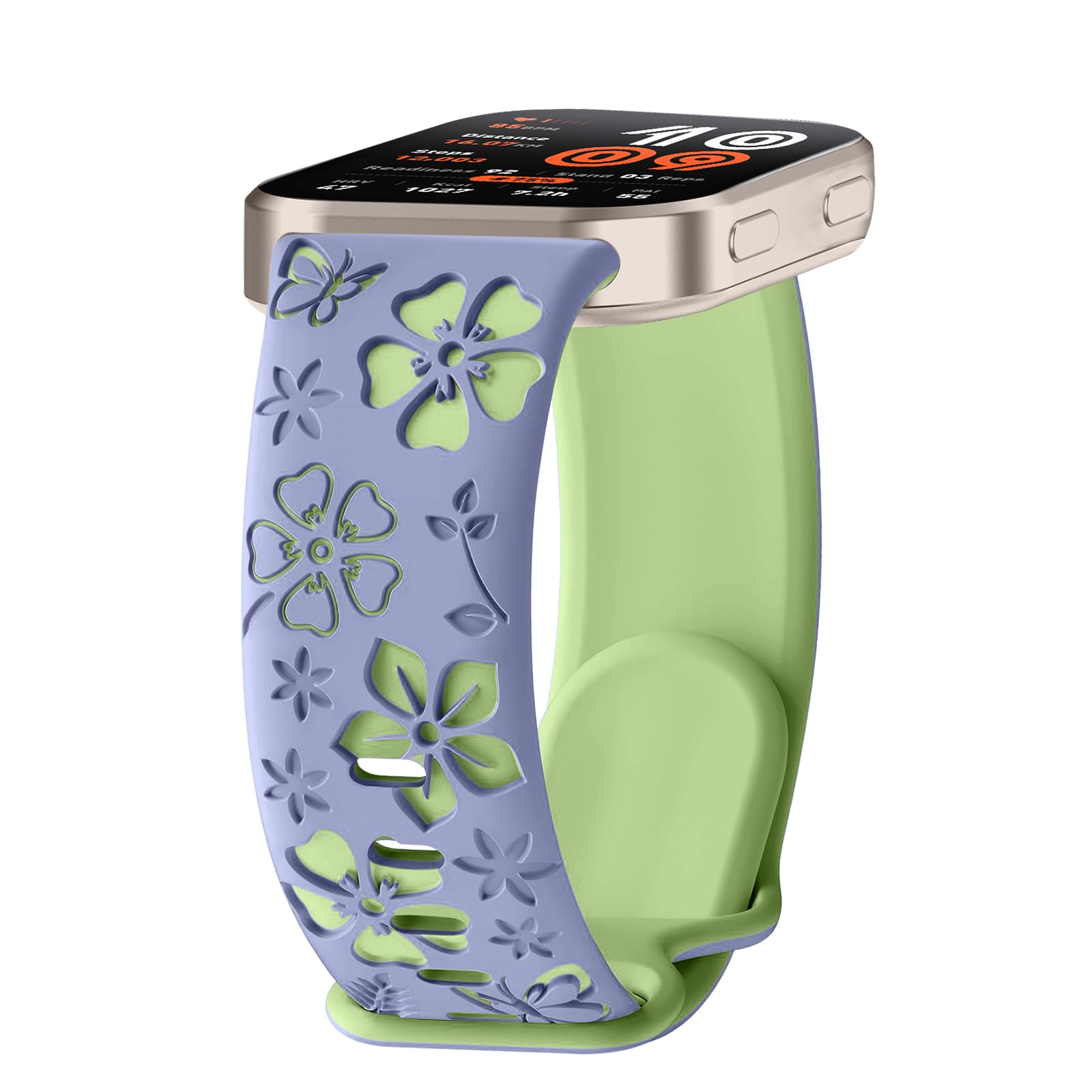 22mm Silicona Correa Compatible con Amazfit Balance 2/GTR 4/3 Pro/3/2 eSIM/2e/GTR 47mm/Bip 6/5/5 Unity/Balance 2/Balance, Bicolor Grabada Floral, Deportiva Mujer - Púrpura/Verde