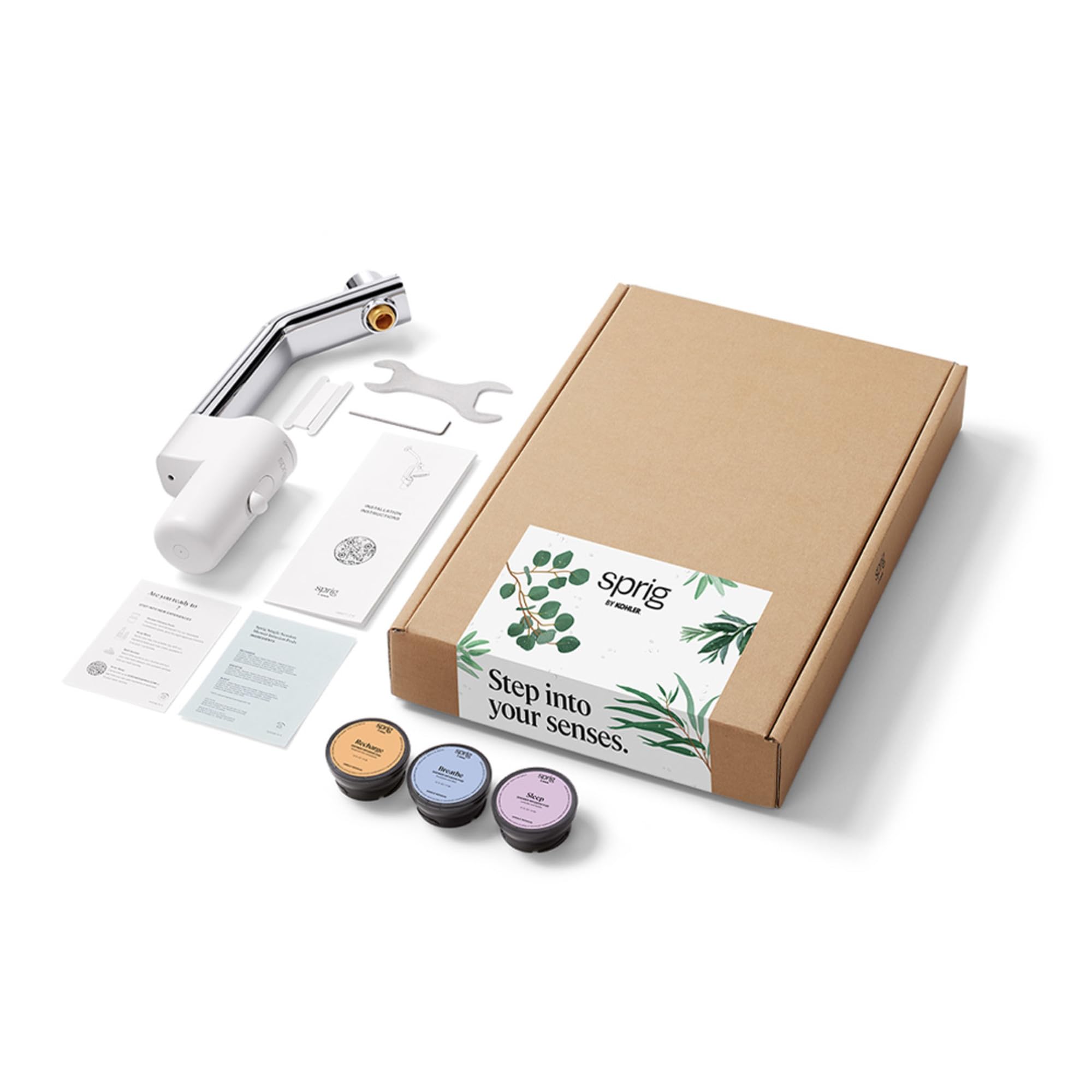 Sprig by Kohler Kit de démarrage pour infusion de douche, aromathérapie propre, ingrédients pour la peau et les cheveux, blanc/chrome