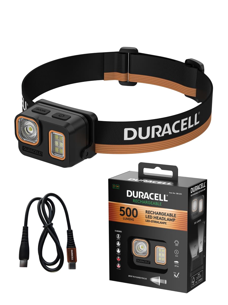 Duracell Lampe frontale LED DH500R Core – 500 lumens, focalisable, portée de 40 m, fonction lumière rouge, rechargeable USB-C, batterie au lithium, différents modes d'éclairage, ergonomique