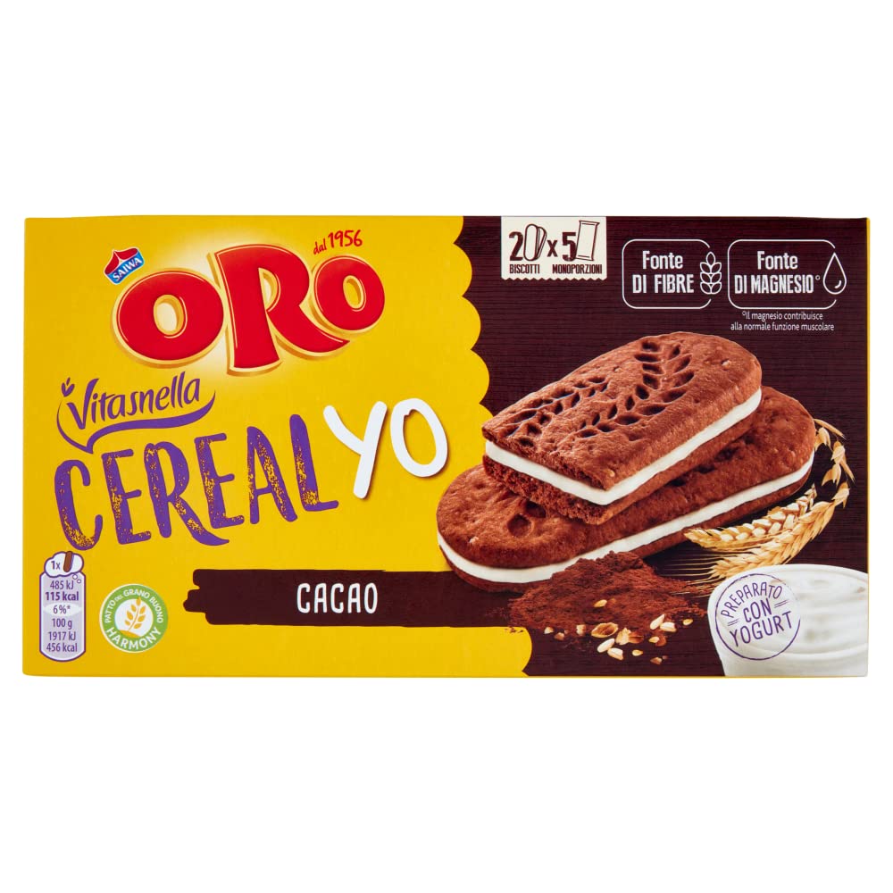 Oro Vitasnella, Cereal Yo On Cacao, Biscotti Ai Cereali E Al Cacao Magro Con Ripieno Morbido Di Yogurt, Fonte Di Fibre E Magnesio, 253g (contiene 5 Monoporzioni Da 50,6g)