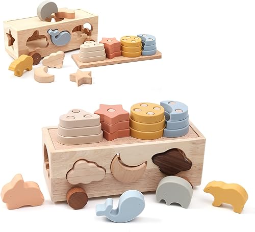 Youuys Montessori - Juguetes de madera con bloques de dinosaurio, apilamiento y rompecabezas para niños pequeños, juguetes educativos para niños de