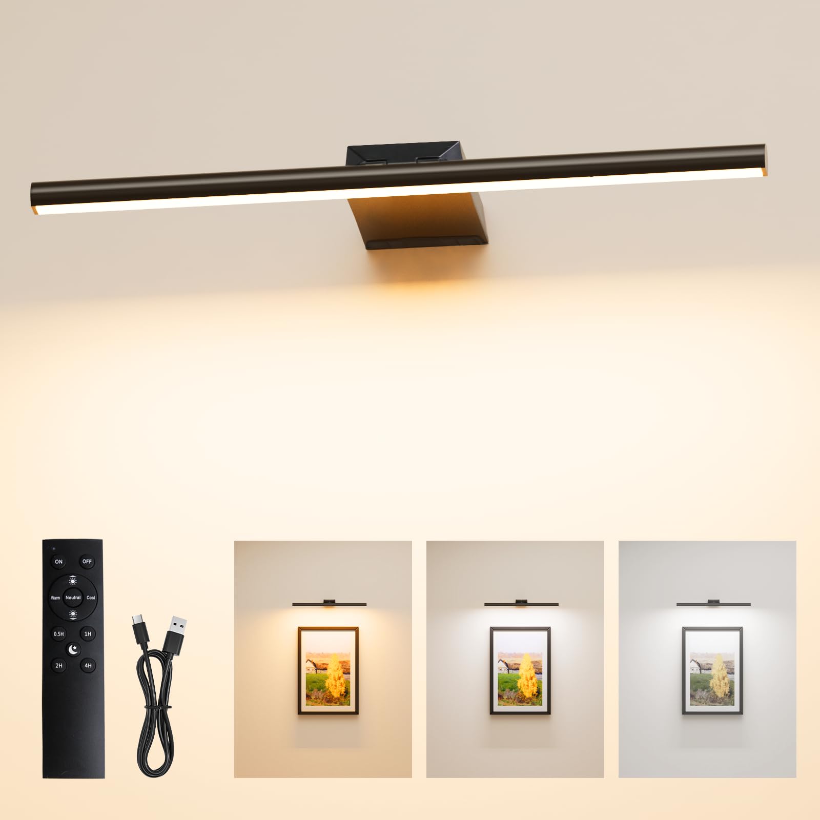 Picture Light for Wall, 30CM 10000mAh Rechargeable Picture Light with Remote, Dimmable & 3 Color Temps, 5 Brightness Levels, Battery Operated Wall Lights for Pictures Painting Dartboard Gallery Black