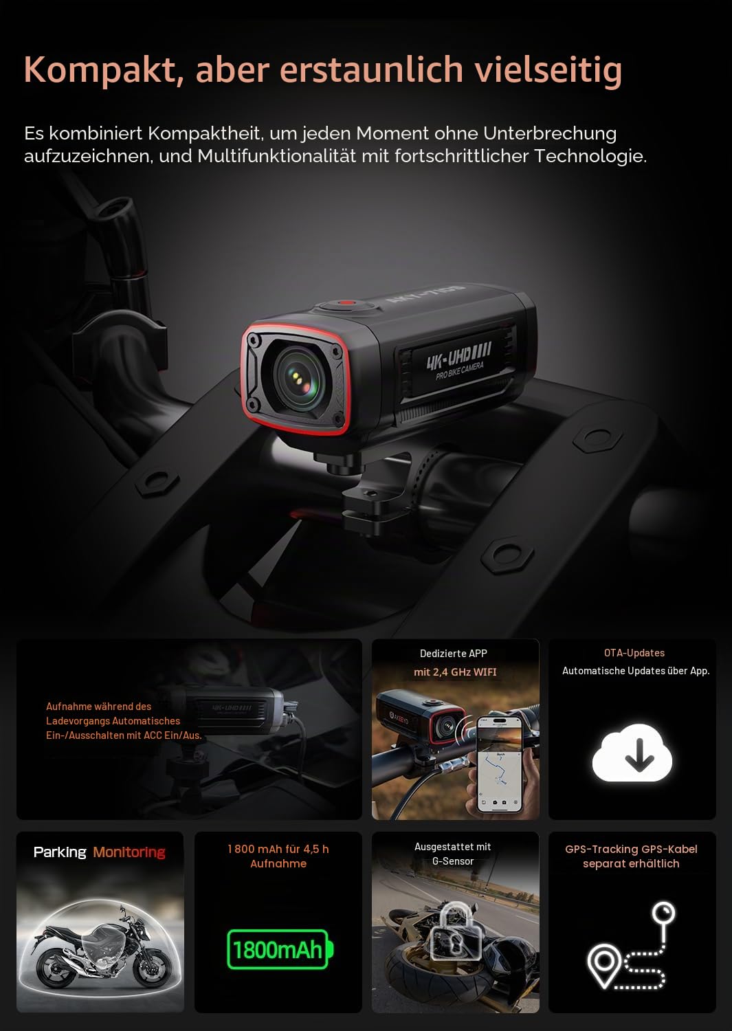 AKEEYO AKY-710S Motorrad-/Fahrradkamera 4K 28fps, 2K 55fps, Weitwinkel 142°, IP67, 5MP, Loop & Emergency-Aufnahme, Parkmonitor, Fahrrad, Outdoor-Sport, Wiederaufladbar, Inklusive 32GB Karte