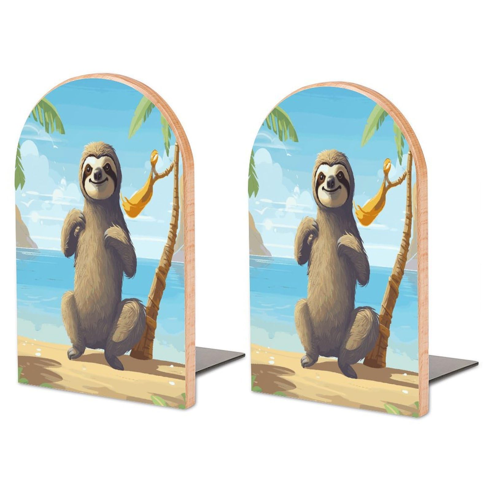 Large Sloth on Beach Book End with Metal Base Fashion Heavy Duty Bookend Exquisite Wooden Bookends Non-Skid Book Stopper for Shelves Books Organizer for Office Home 1 Pair