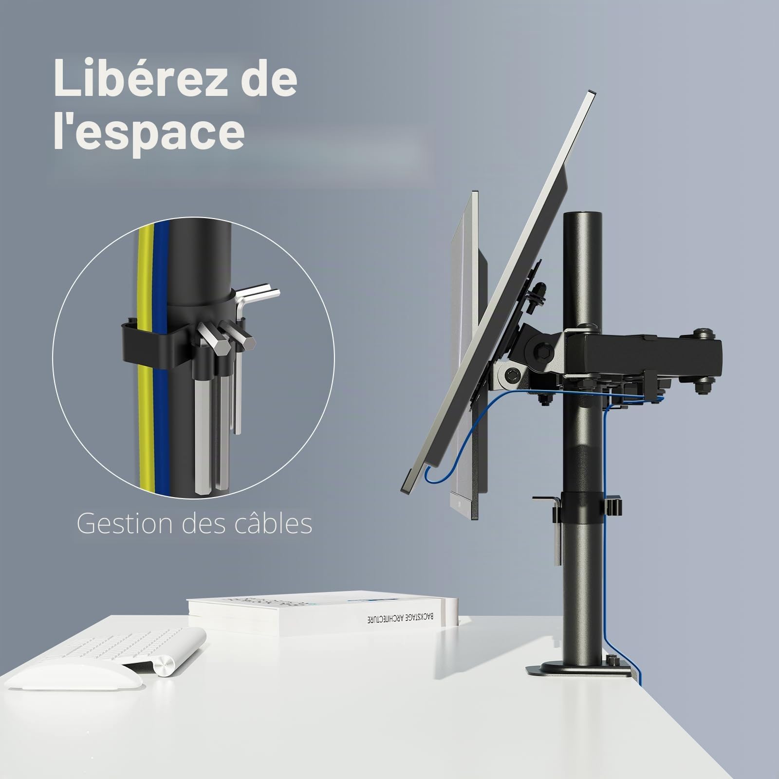 GRIFEMA Support Double Ecran PC 13-27 Pouces Bras Réglable Hauteur Inclinaison 90° Rotation 360° Poids 10KG VESA 75/100 MM Noir