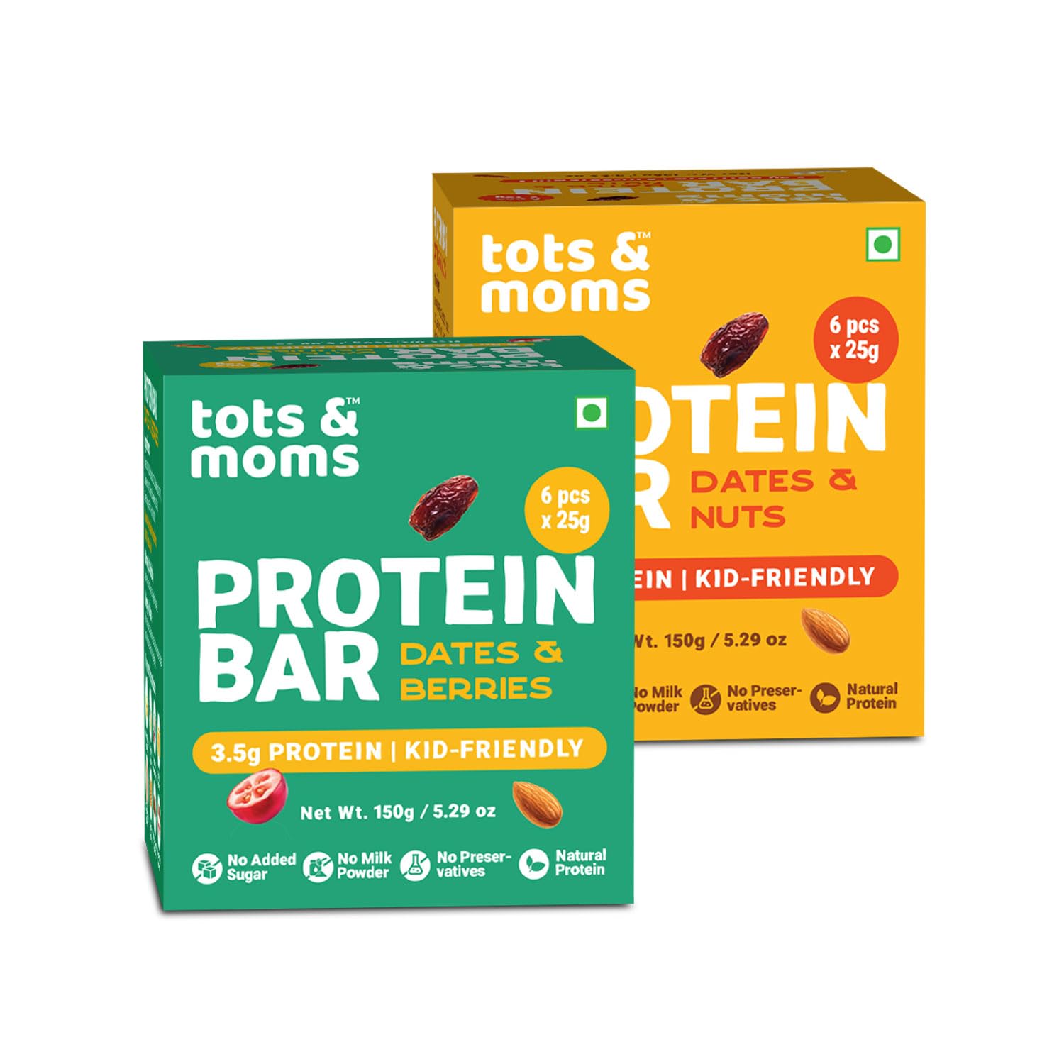 [BRSREYL2O4FBS3T7] Tots & Moms Natural Protein Bars for kids - Dates, Nuts & Cranberries, Pack of 2 | 3.5g Protein per Bar | Rich in Fiber | Sweetened with Dates | (25g X 6) 150g - Each