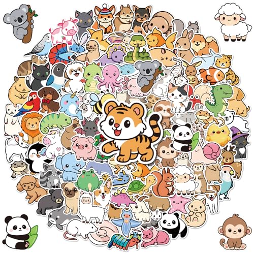 Anwyll 100Pcs Animal Stickers - Cute Animal Water Bottle Stickers Bulk Waterproof Vinyl Animals Sticker Self Adhesive Pet Reward Sticker for Scrapbooking Skateboard Laptop Sufari Party Decor