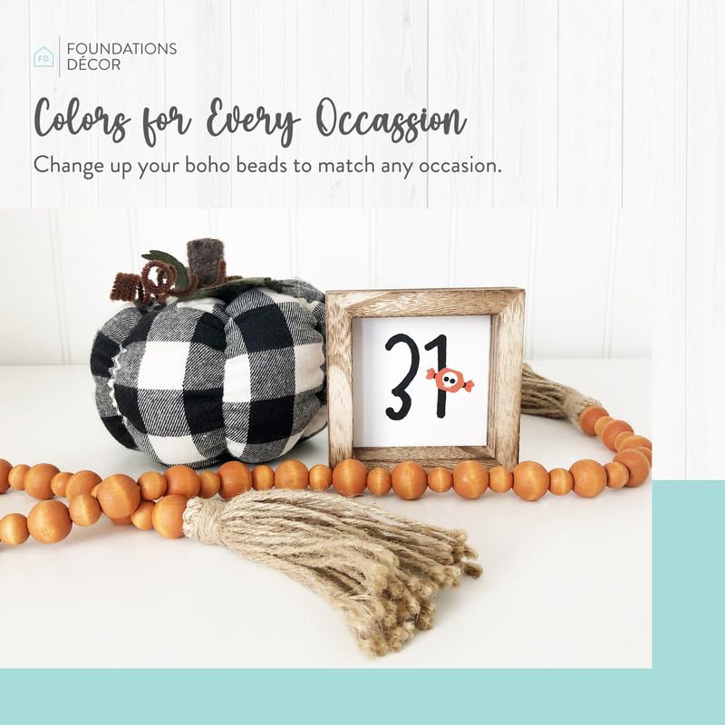 Wood Bead Garland - Wooden Boho Bead Garland with Tassels - Boho Beads Home Decor for Shelf, Table, Wall & Mantel Styling - Colorful Decor Beads by Foundations Décor - Natural Large & Small