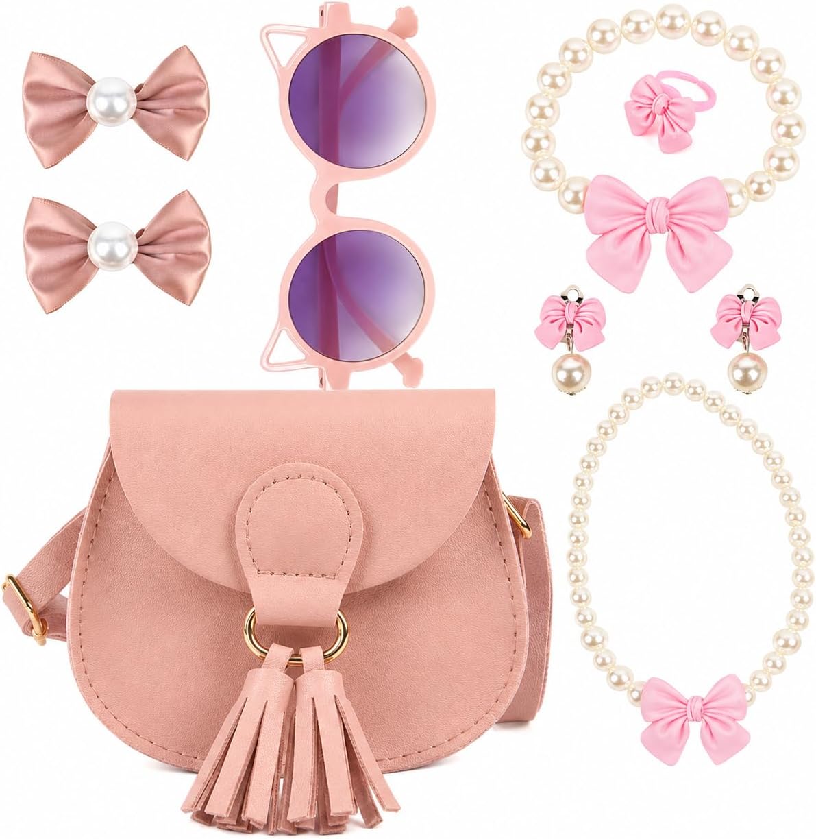 QZUnique Tassel Pendant Crossbody Purse Set, Cute Princess Handbags with Jewelry Set Hair Clip Sunglass, Pu Coin Purse Mini Wallet Small Satchel Prtend Play Jewelry, 7 Pack