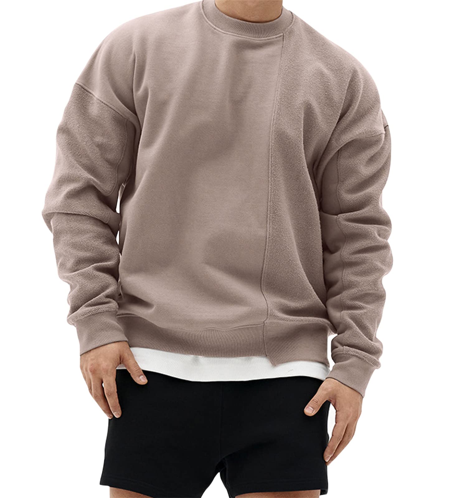 Surenow Mens Patchwork Crewneck Sweatshirt Long-Sleeve Lightweight Terry Sweatshirt Casual Workout Pullover Shirt Tops
