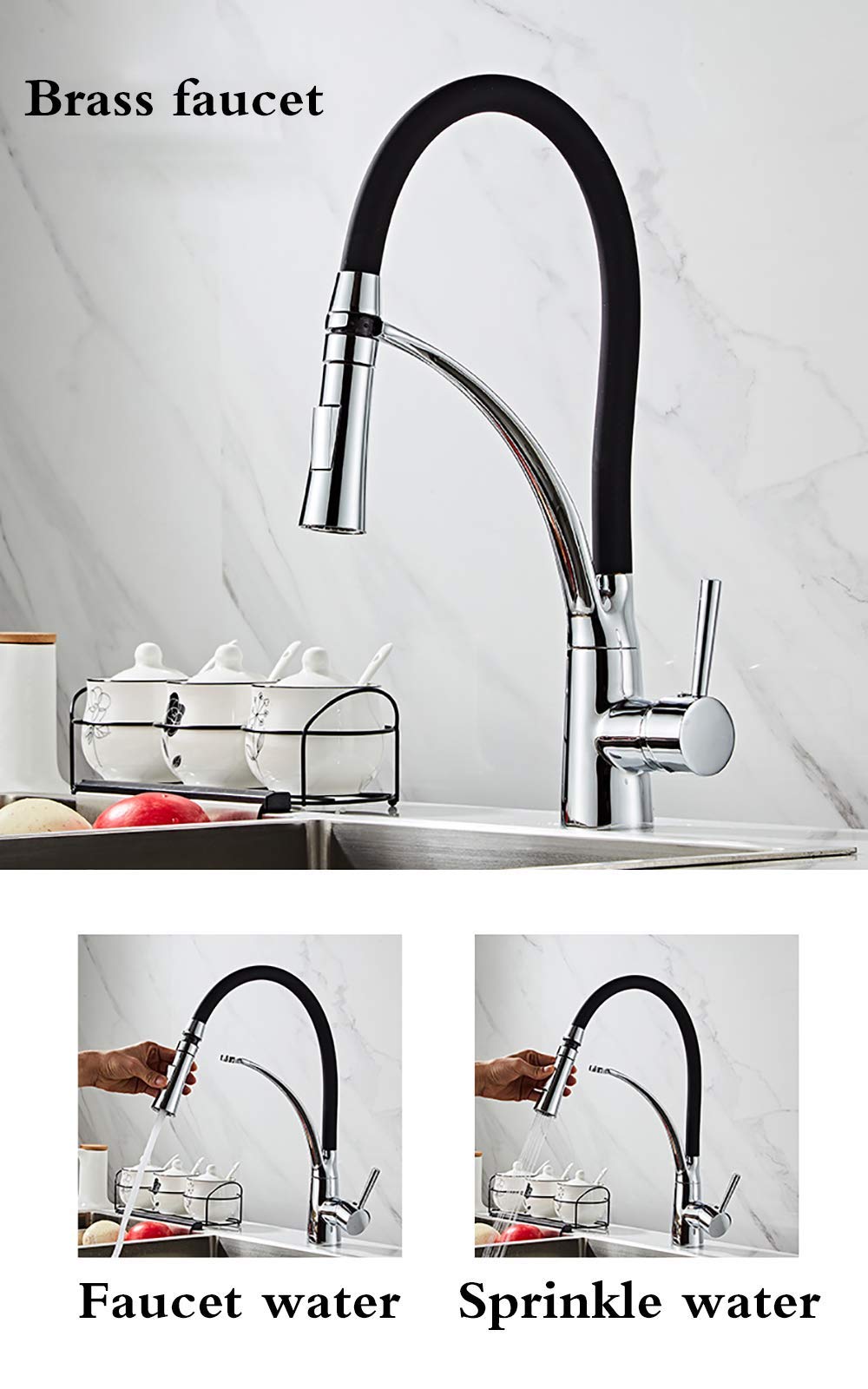 Grifería para Mezclador de Fregadero de Cocina 360 & deg; Grifo Giratorio Aireador Grifo de Ahorro de Agua Rociador abatible de una Sola Palanca con Manguera de Silicona Negra Grif