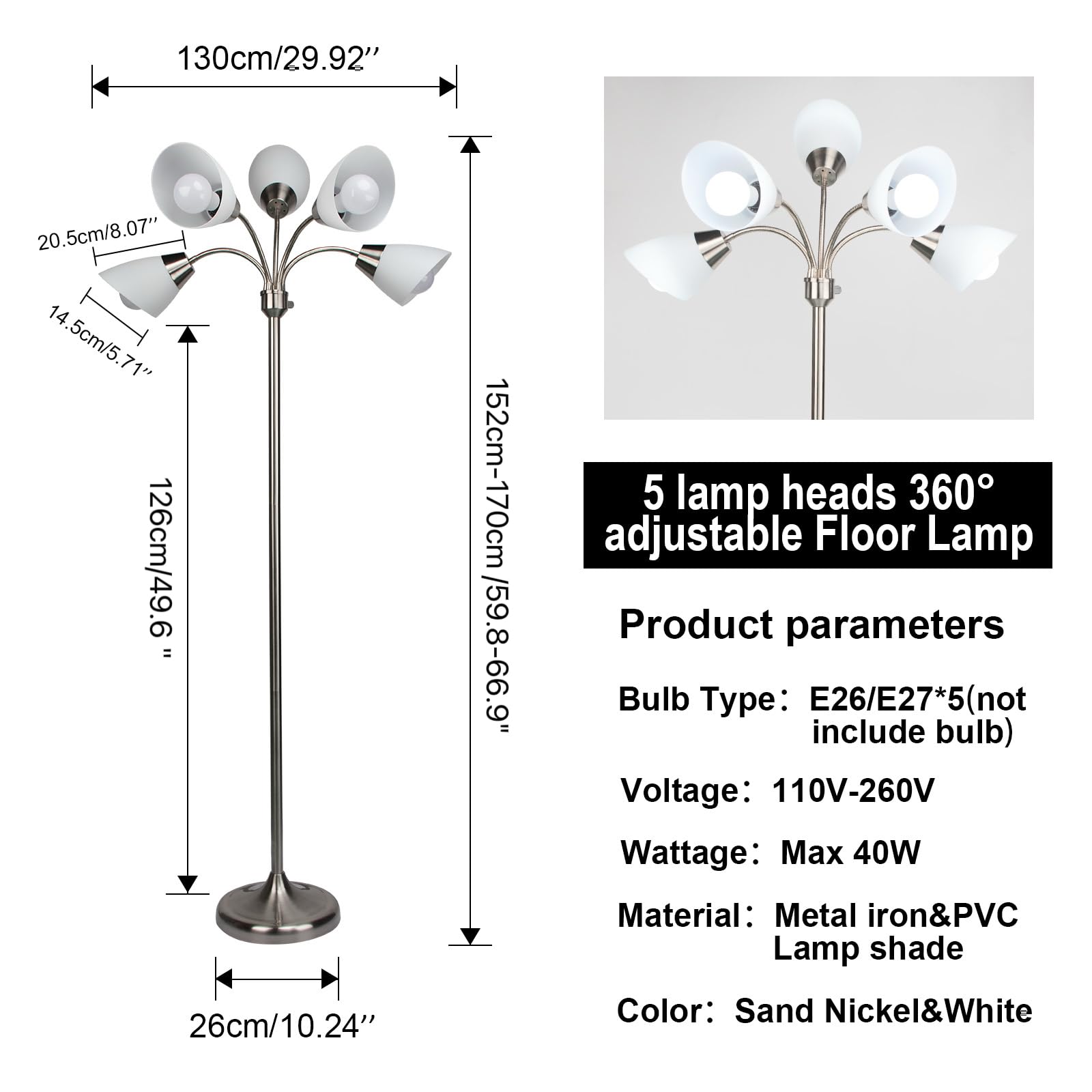 FIRVRE Klassische Stehlampe Wohnzimmer, Leselampe Wohnzimmer Industrial Style, Schmale Stehlampe Vintage mit 5 Flammig für Büro Schlafzimmer Sofa Studio