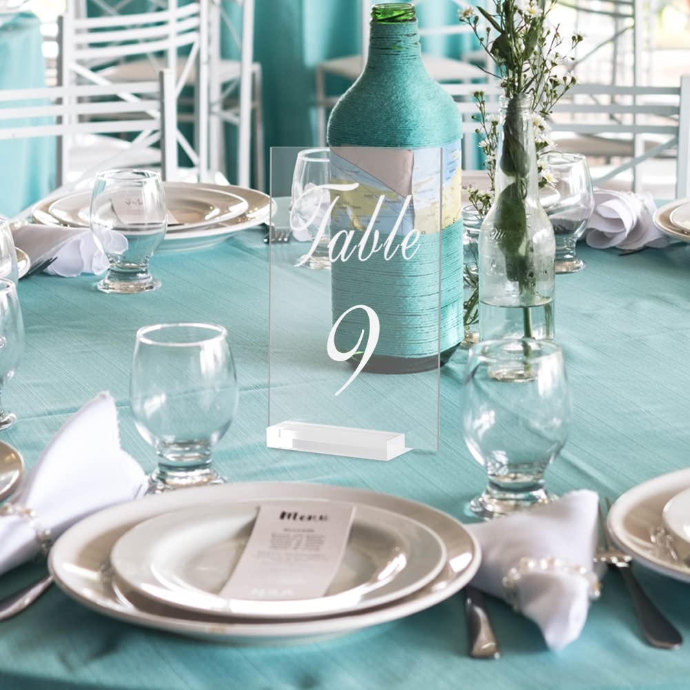 Lot de 20 supports de numéro de table de mariage en acrylique transparent de 10,2 x 15,2 cm avec base pour réception de mariage, fête de mariage, dîners, fête, anniversaire, événement