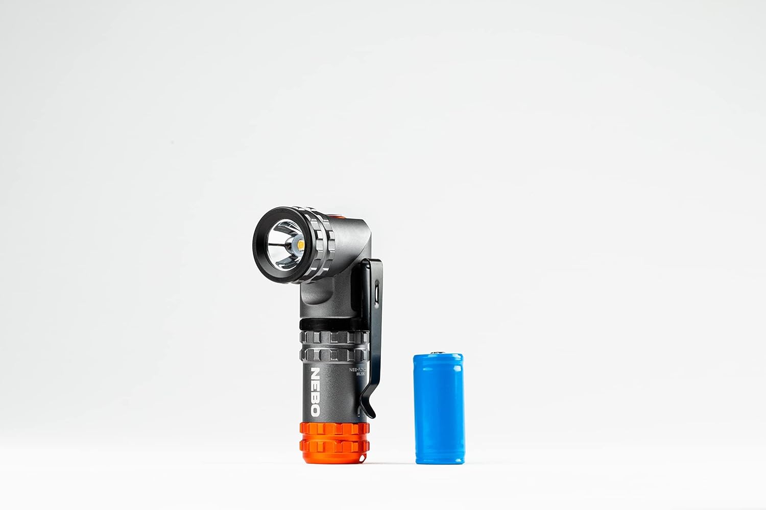 NEBO Franklin Swivel 600L Flashlight next to its rechargeable battery