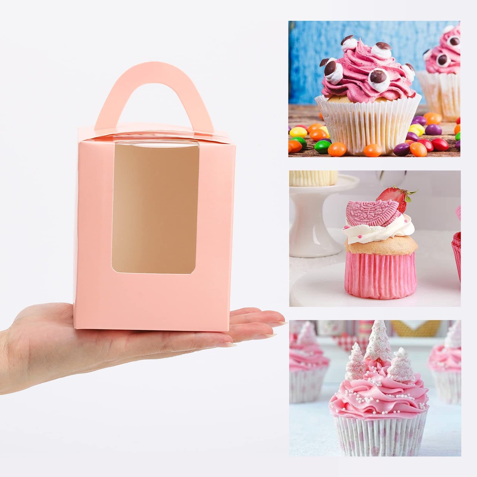 100 cajas de magdalenas rosadas individuales con asa de ventana e insertos para panadería envoltura fiesta regalo embalaje