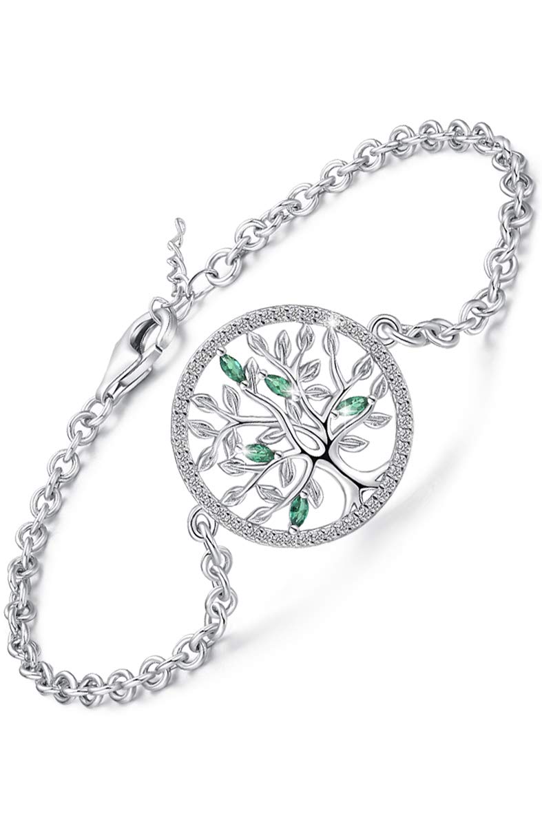 Friggem Pulsera de mujer del árbol de la vida, pulsera de plata de ley 925 con cadena de circonita ＆ Esmeralda, eslabón ajustable Regalo de joyería de pulsera de árbol para mujer （Con caja de joyería fina）