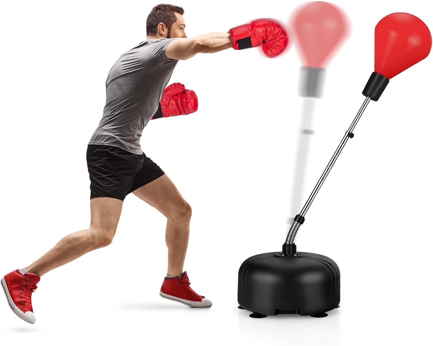 GYMAX Juego de Boxeo de Pie con Base Rellenable, 140 a 158 cm Altura Ajustable, con Guantes de Boxeo, para Adultos y Niños, para Boxeo, Kickboxing y Slivio del Estrés