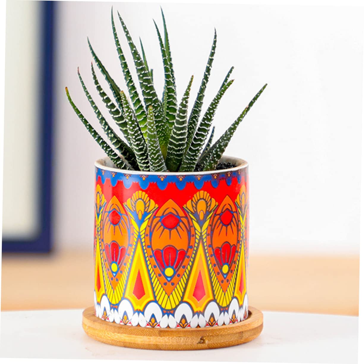 Yardwe Set 8 Pezzi Vasi Succulenti Cilindrici in Ceramica Motivo Mandala, Mini Vaso di Fiori per Piante Grasse, Ornamento per Casa e Ufficio 4 Supporti in Bambù Colorati