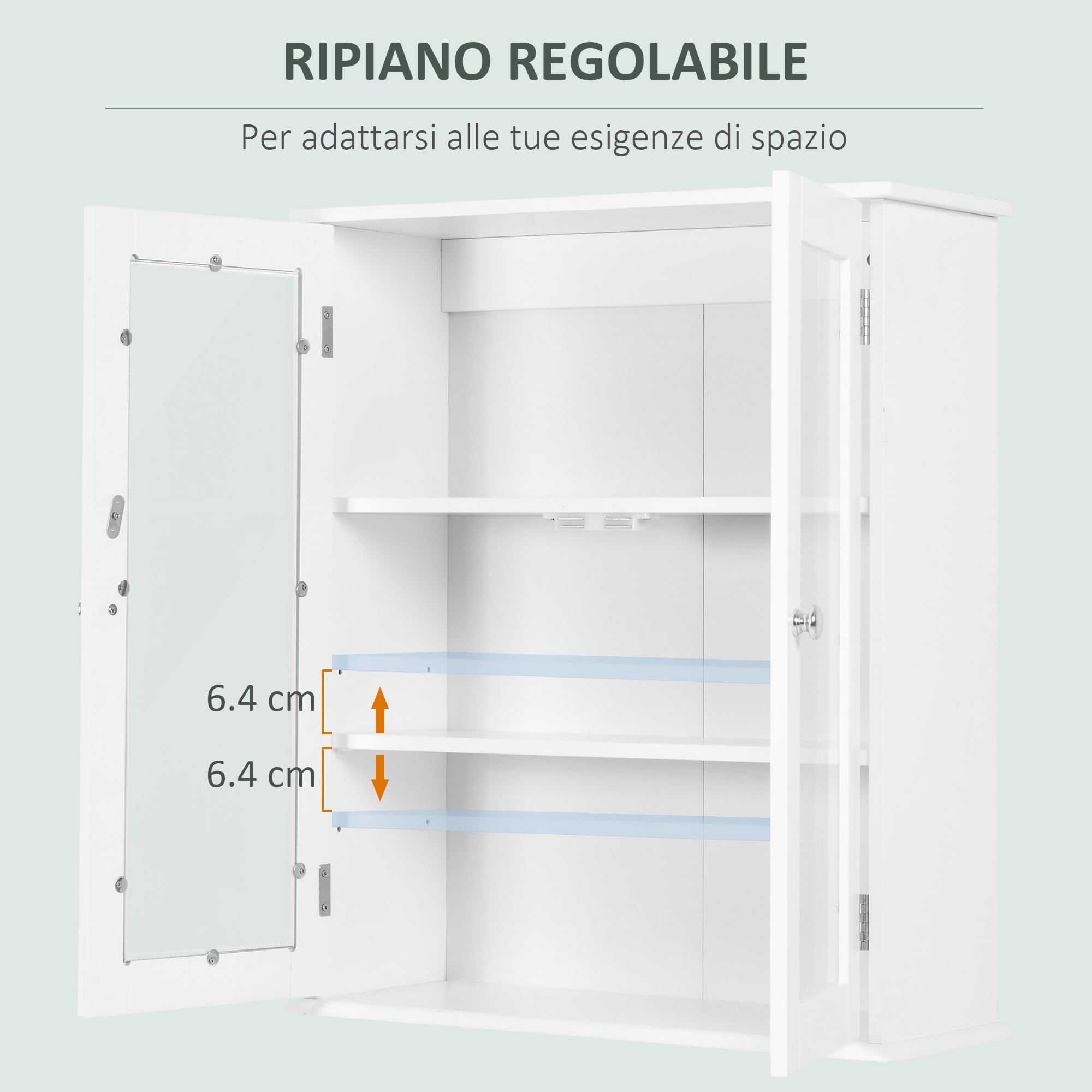 kleankin Armadietto Pensile Bagno 2 Ante Legno e Vetro 55x20x65 cm Bianco