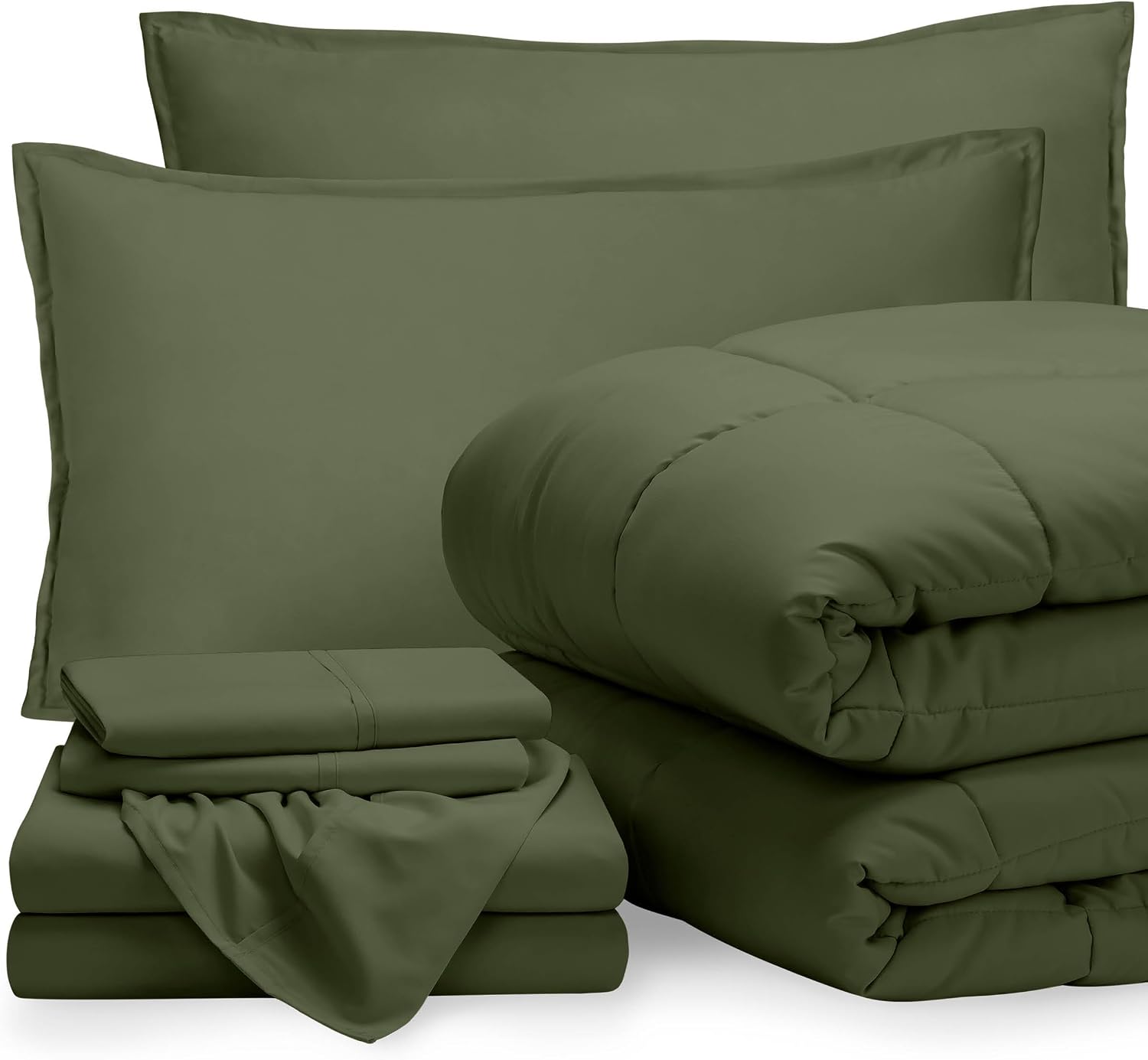 Bare Home Bed-in-A-Bag 7 Piece Comforter & Sheet Set - Queen - Goose Down Alternative - Ultra-Soft 1800 Premium - Bedding Set (Queen, Cypress/Cypress)