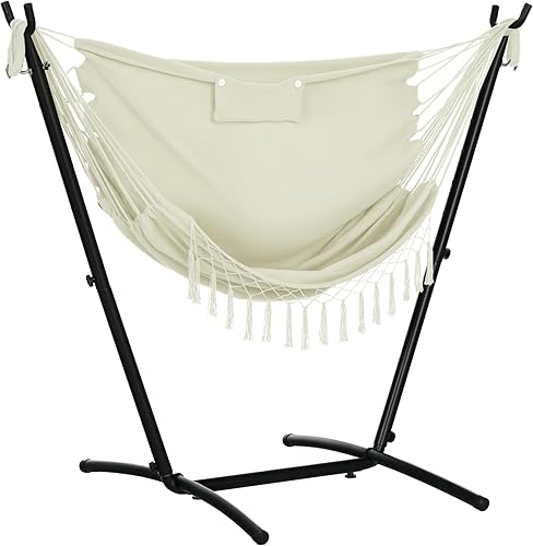 Outsunny Silla hamaca de patio con soporte, hamaca para exteriores con bolsillo lateral y reposacabezas, color blanco crema