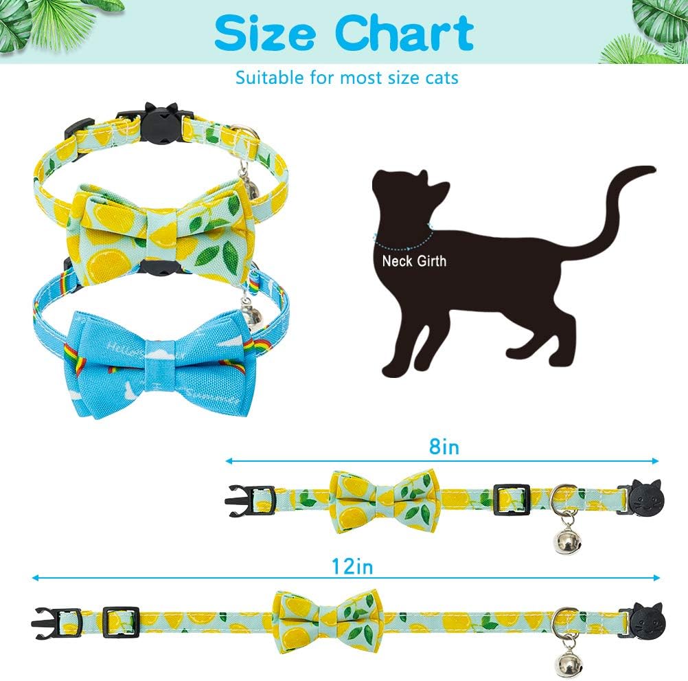 BINGPET Breakaway Cat Collar with Removable Bow Tie, 2 Pcs Adjustable Soft Cat Collars with Bell and Cute Fruit Patterns, for Kitties Daily & Holiday Wear - Lemon and Rainbow