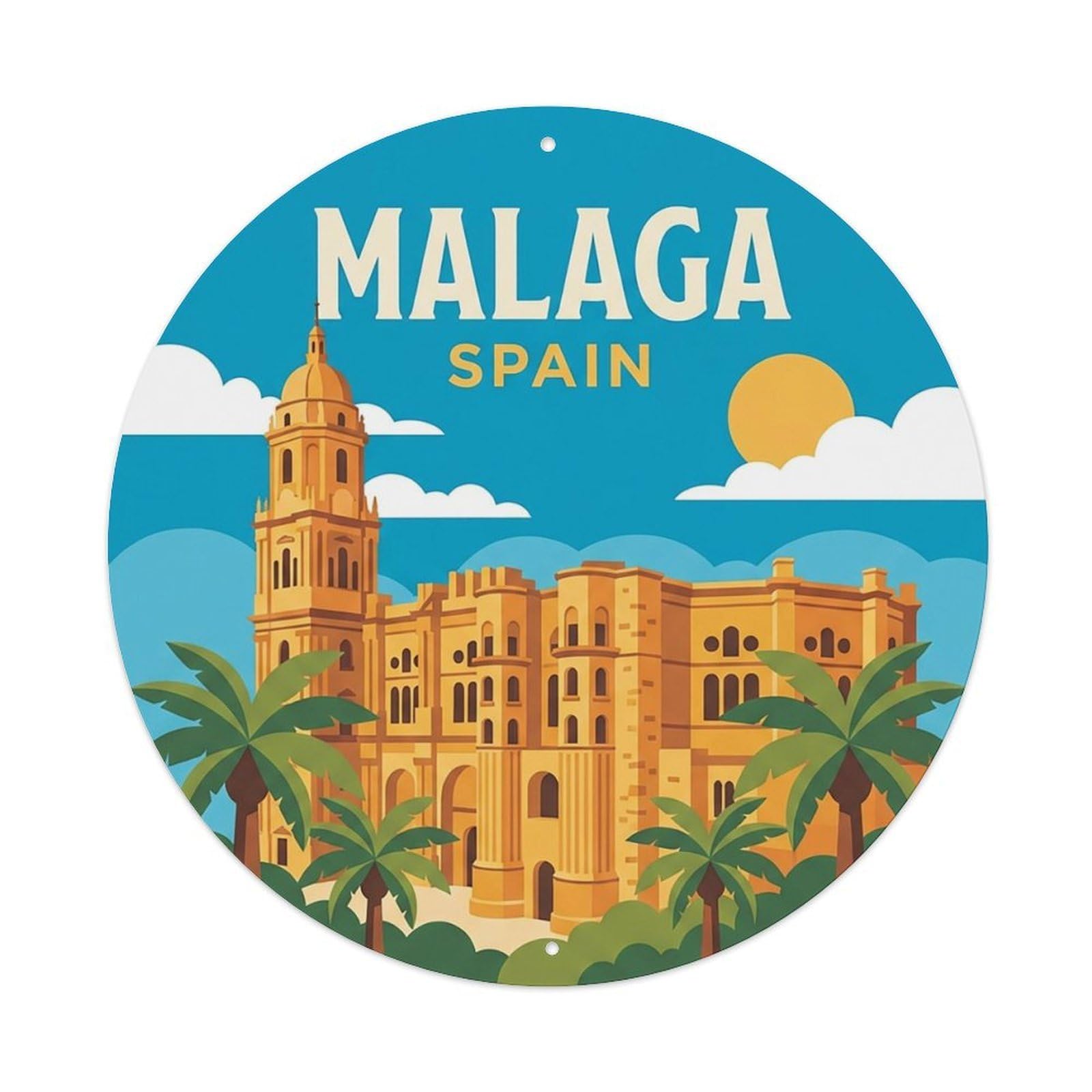 Vintage Travel Spain Malaga Vintage Metal Tin Sign Plaque Wall Decor for Cafe, Club Bar, Office, Garden Metal Poster 8x8Inch