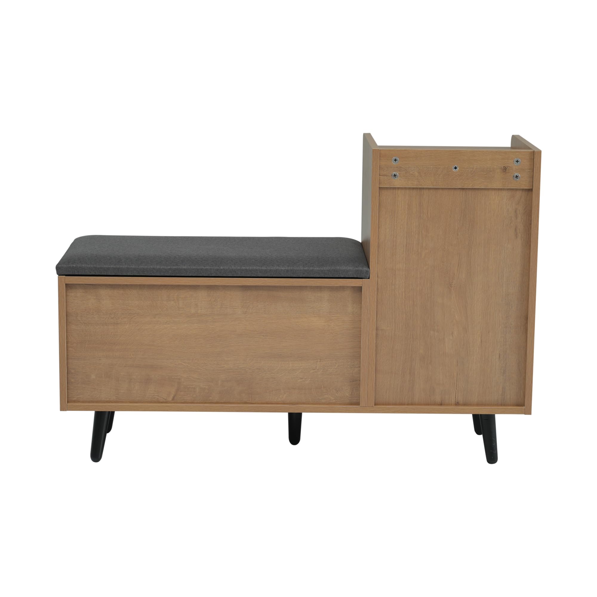 Zapatero moderno con tres puertas de almacenamiento, asas de metal asimétricas, varios niveles para almacenamiento, dimensiones B100/T34/H69 cm, natural