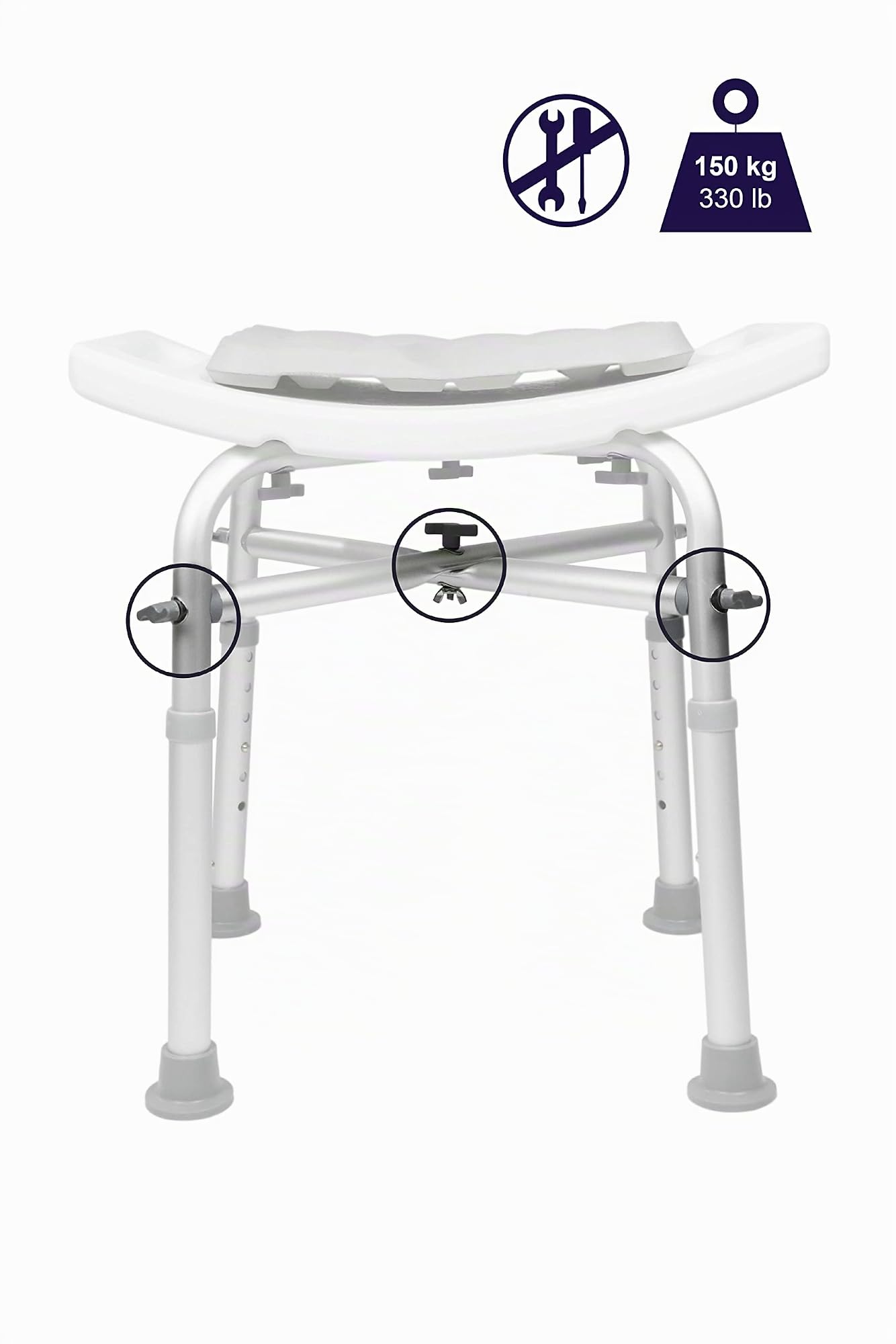 KMINA - Sgabello Doccia Anziani (150 Kg) con Doppia Traversa Rinforzata, Cuscino, Sgabello Bagno Bianco, Regolabile, Montaggio Senza Utensili - Prodotto in Europa