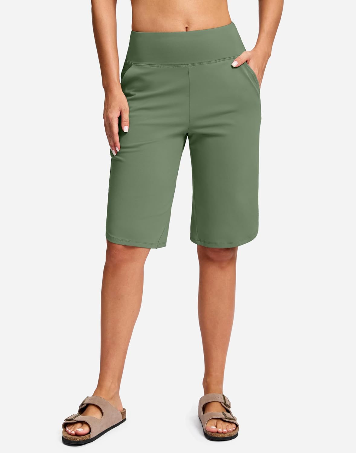 SANTINY 12" Long Bermuda Shorts for Women Knee Length with Pockets High Waisted Stretch Shorts for Summer Walking - Image 2