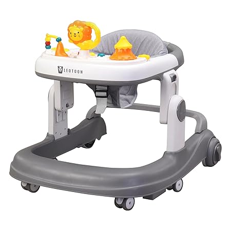 Leotoon 2-in-1 Baxley Walker | 3 Level Height | Wheel Lock | Musical Tray | Infant Activity Walker | 4 Level Seat | Anti-Fall | Oxford Seat | Foldable Design | 4 Multi-Directional Mute Wheels | Rear Wheels With Speed Control | LED Decorated | BIS Certified | (Grey) (6-24 Months)