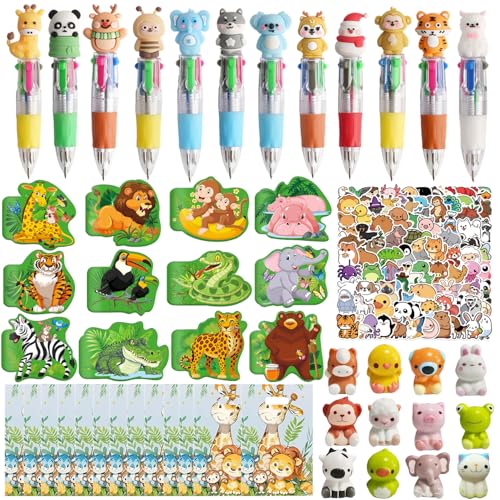 Juego de regalo de fiesta de animales de safari de la selva con bolígrafo, cuadernos, calcomanías y bolsas de regalo para 12 invitados, bolsa de regalo, rellenos de piñata, rellenos de fiesta de