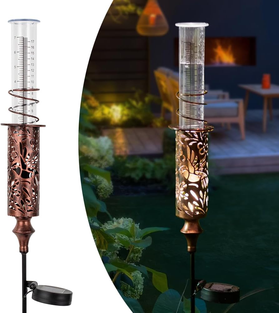Rain Gauge Outdoor, Hollow Out Hummingbird Solar Rain Gauge, 7 Inch Tube Rain Measure Gauge with Stake, Decorative Metal Rain Measure Tool for Yard, Lawn Ornaments