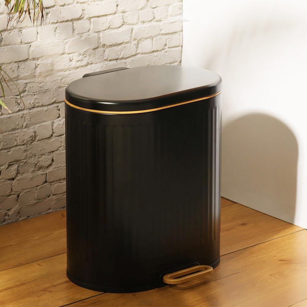 Ovate Pedal Bin For Kitchen | Embossed Lines Pattern | Removable Inner Bucket | Durable Steel and Plastic Material | Dustbin for Bathroom Home Bedroom Office | 9 Litre Capacity - Black & Gold-picture-20