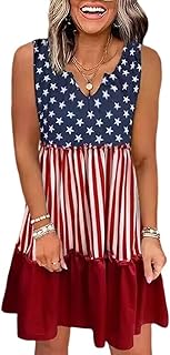 American Flag Star Vertical Striped Ruffled Mini Dress Womens 4th of July Patriotic Dresses Casual Color Block Dress - Buy now