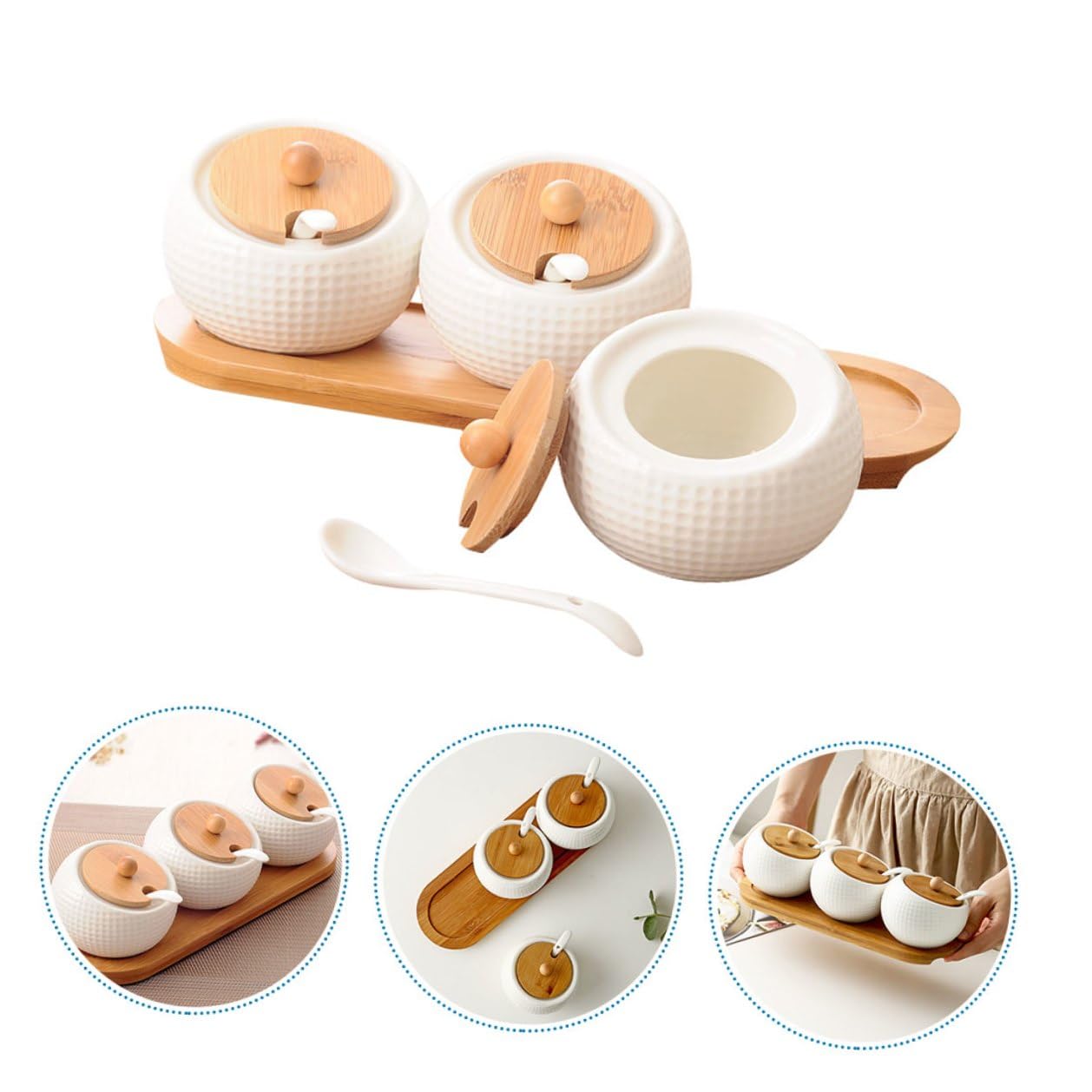 Gewürzaufbewahrungsbehälter aus Weißer Keramik mit Holzdeckel Praktisches Design für Gewürze und Chili Pulver zum Kochen Zuhause
