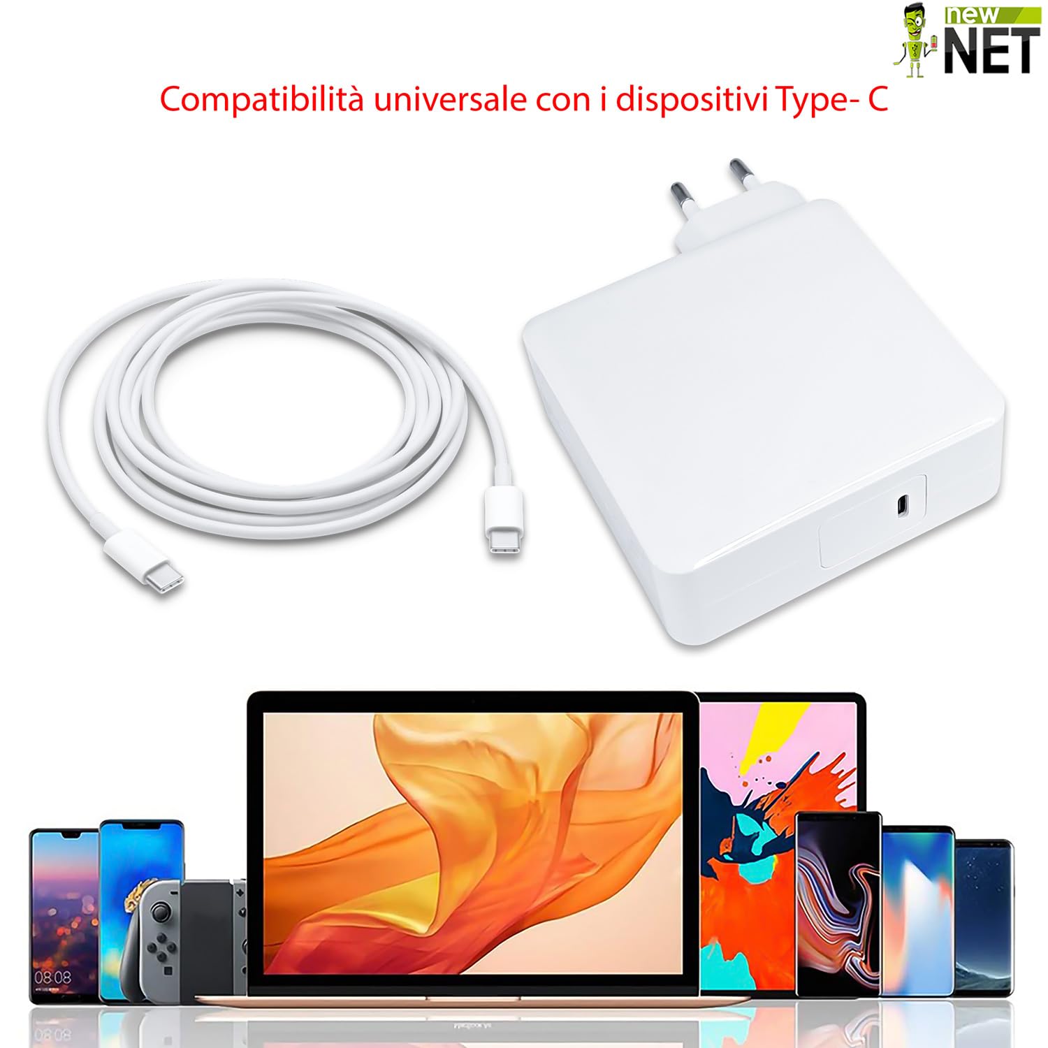 New Net - Alimentatore USB-C 87W compatibile con iPad, per smartphone, tablet, auricolari, wearables, design slim portatile universale compatto